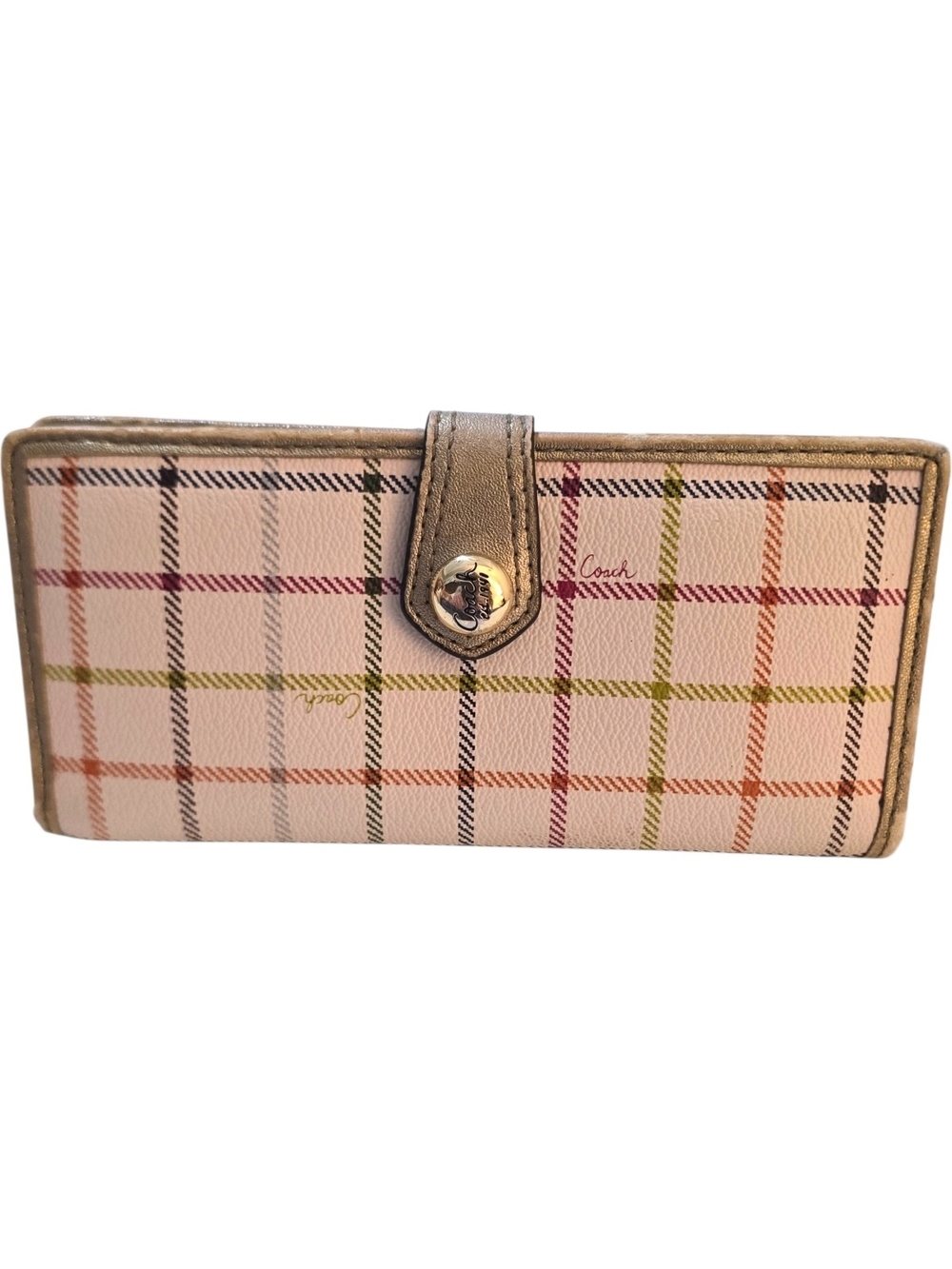 Coach Peyton Tattersall Checkbook Wallet Pink Plaid Long Wallet Organizer